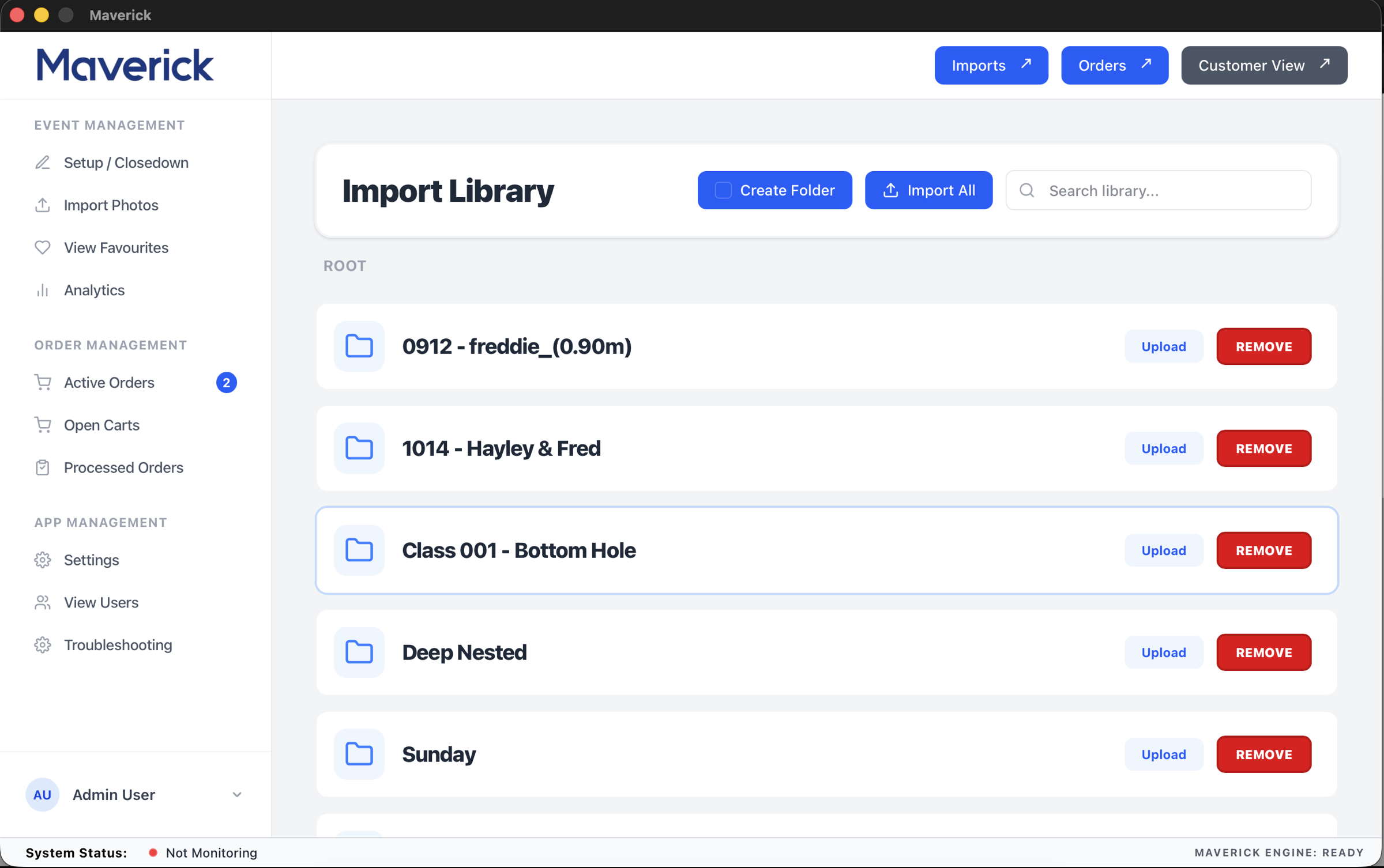 The Import Library screen showing folders ready to upload